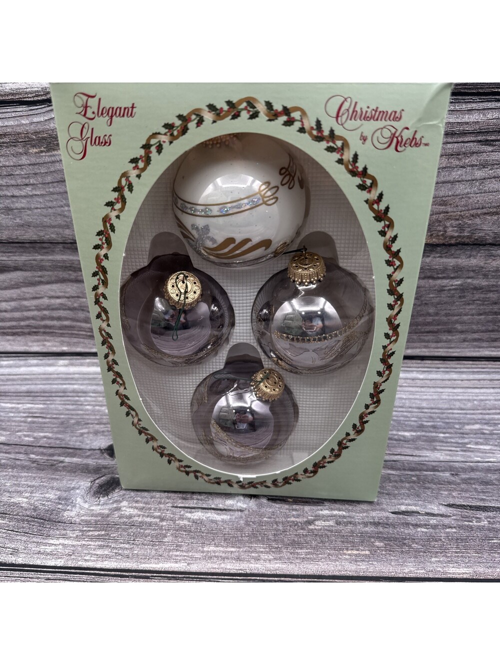 VTG 4 Pk Krebs Gold Crown Christmas Glass Ornament Scroll Collection USA  Made